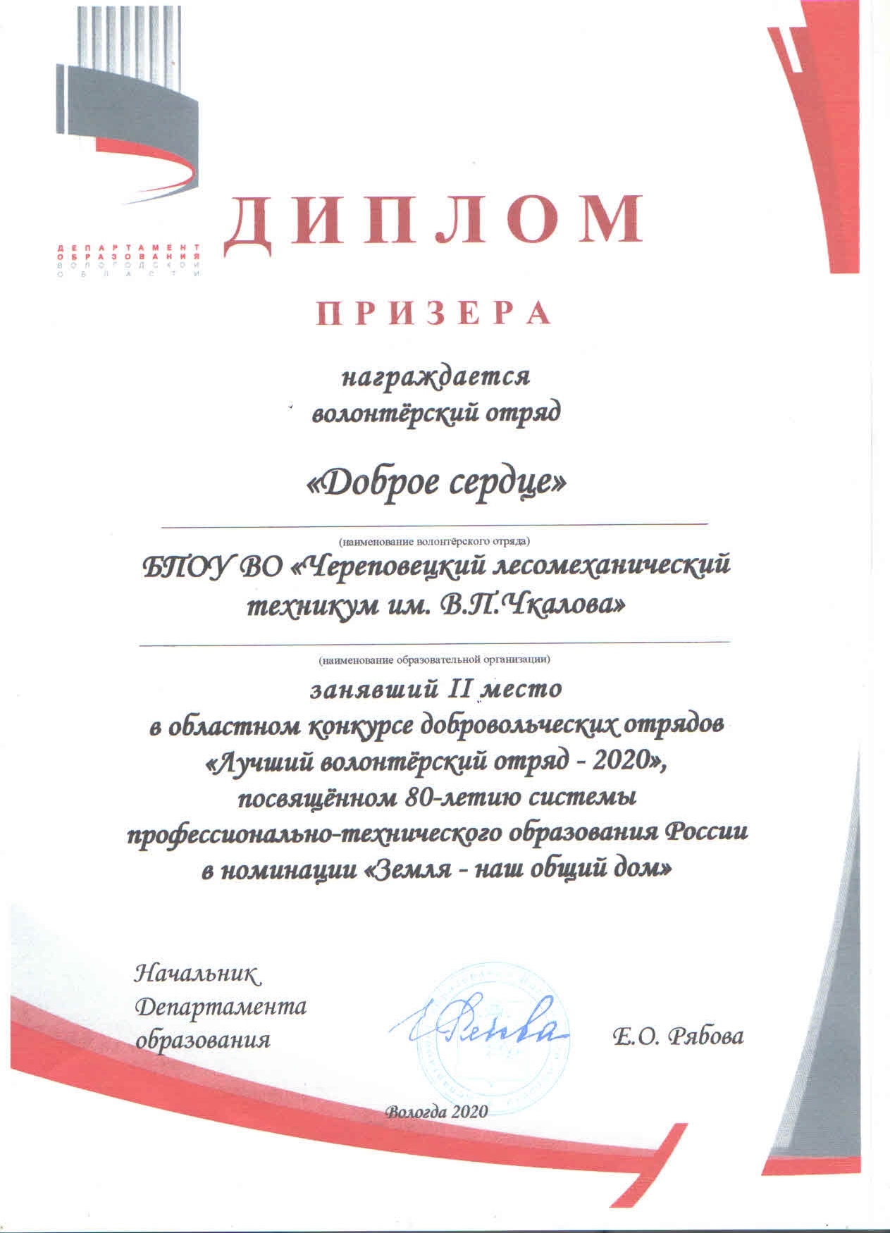 Диплом призера ЛВО